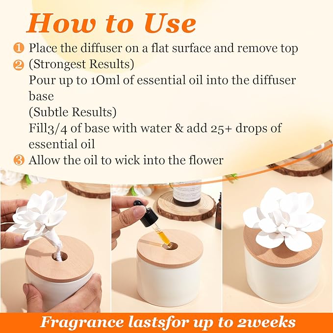 Honeydak 2 Pcs Reedless Ceramic Diffuser Set, Porcelain White Flower Aromatherapy Essential Oil Diffuser for Home Office Bathroom Tabletop Decor, Non-Electric, Valentines Day Gift (Water Lotus)