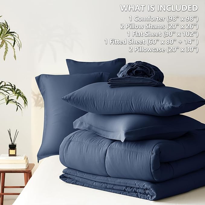 CozyLux Oversized Queen Comforter Sets Navy Blue, 7 Pieces Bed in a Bag, 98x98 Box Stitched Design Bedding Set, All Season Soft Bed Set with Down Alternative Comforter, Sheets, Pillowcases & Shams