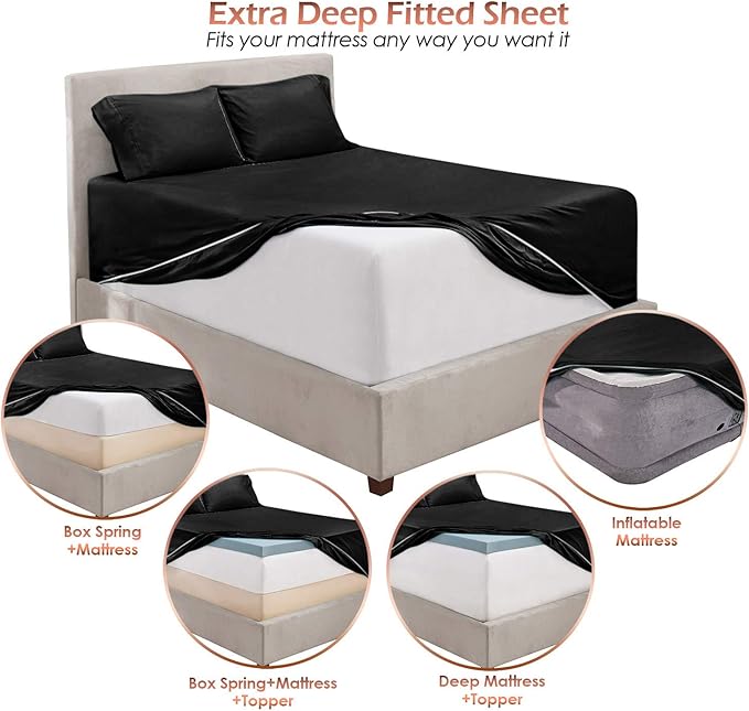 Hearth & Harbor Extra Deep Pocket Sheets - Fits Mattress 18-24 Inches Deep - Extra Deep Pocket Twin XL Sheets Sets - 4 Piece Twin XL Size - Black
