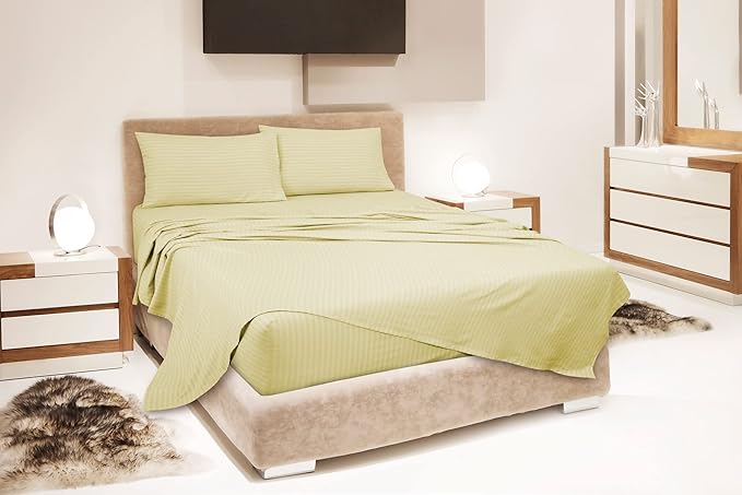 ROYALE LINENS 4 Piece Cal King Sheets Set - Soft Brushed Microfiber - 1 Fitted, 1 Flat Sheet, 2 Pillow Cases - Wrinkle Free & Fade Resistant - Hotel Luxury Bed Sheets (Stripe Beige, Cal King)
