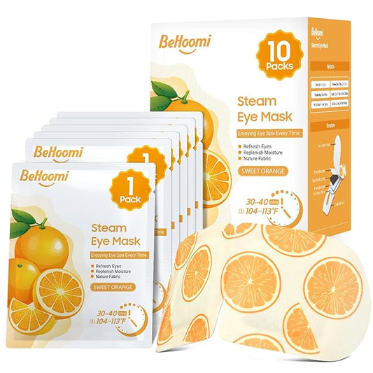 BeHoomi Steam Eye Mask, 10Packs Heated Eye Mask, Self Heating Disposable SPA Warm Compress for Eyes Sleep Mask, Travel Essentials & Relaxation Gifts for Women, Mothers Day Gifts (Orange Scent)