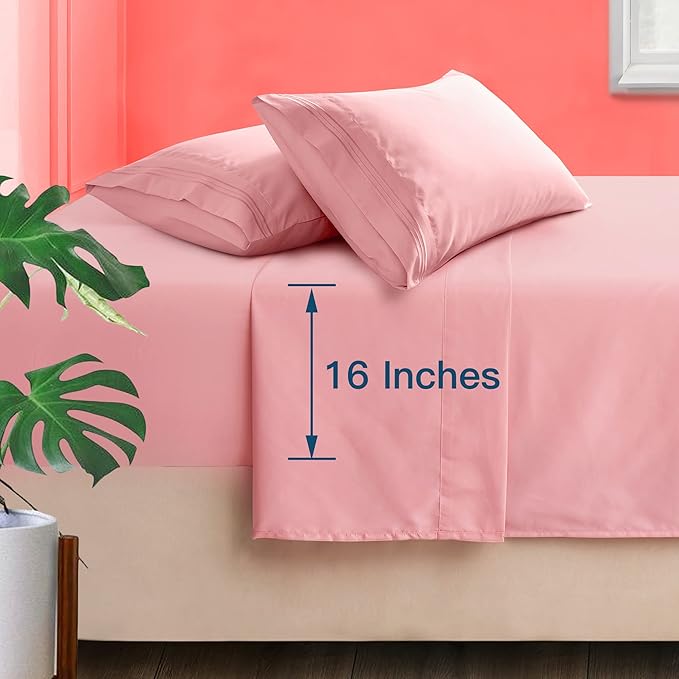 Manyshofu Microfiber Deep Pocket Full Size Sheets Set - Hotel Luxury 1800 Thread Count Sheets & Pillowcases - Kids Bedding Set up to 16" Mattress - Blush Pink Bed Sheets 10-16 Inch Pockets - 4 Piece