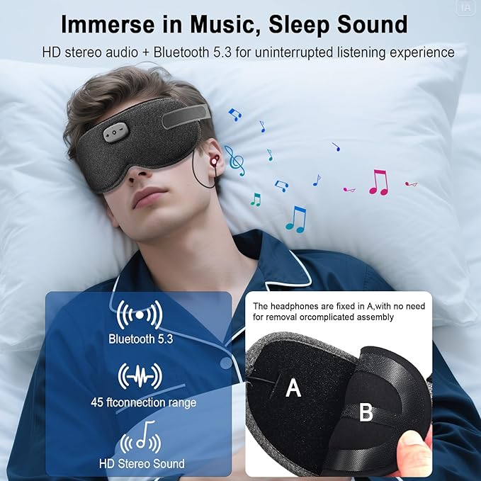 3D Sleep Mask with Bluetooth Headphones, Sleeping Earbuds with HD Mic, Sleep Eye Mask for Side, Zero Eye Pressure, Blackout Eye Mask for Sleep Travel, Elastic Band Eye Masks, for Men Women Gifts,Grey