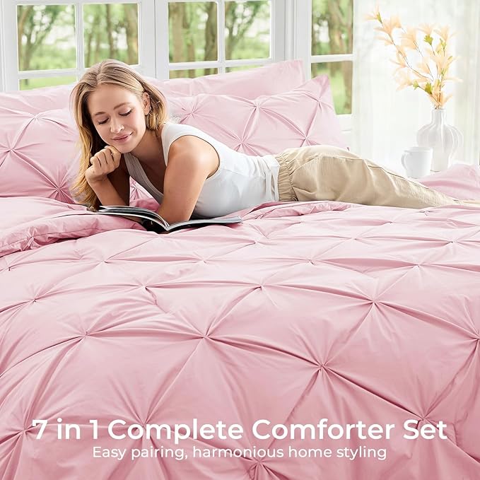Sasttie Queen Comforter Set, 7-Piece Bed in a Bag, Pintuck Bedding Set for All Season, Includes Comforter, Flat Sheet, Fitted Sheet, Pillowcases and Pillowshams, Baby Pink
