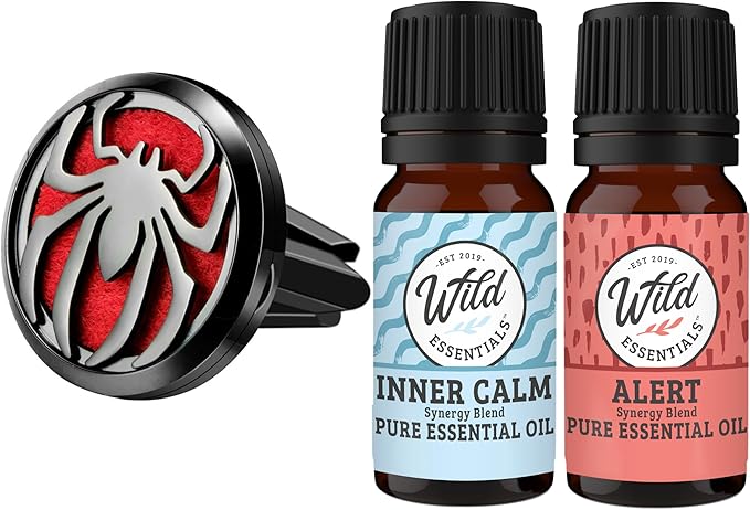 Wild Essentials Black Chrome Spider Essential Oil Car Vent Diffuser Kit – 316L Stainless Steel Locket, Rubber-Coated 4-Way Clip, 8 Color Pads (22mm), 25mm – Includes Alert & Inner Calm (2 x 10ml)
