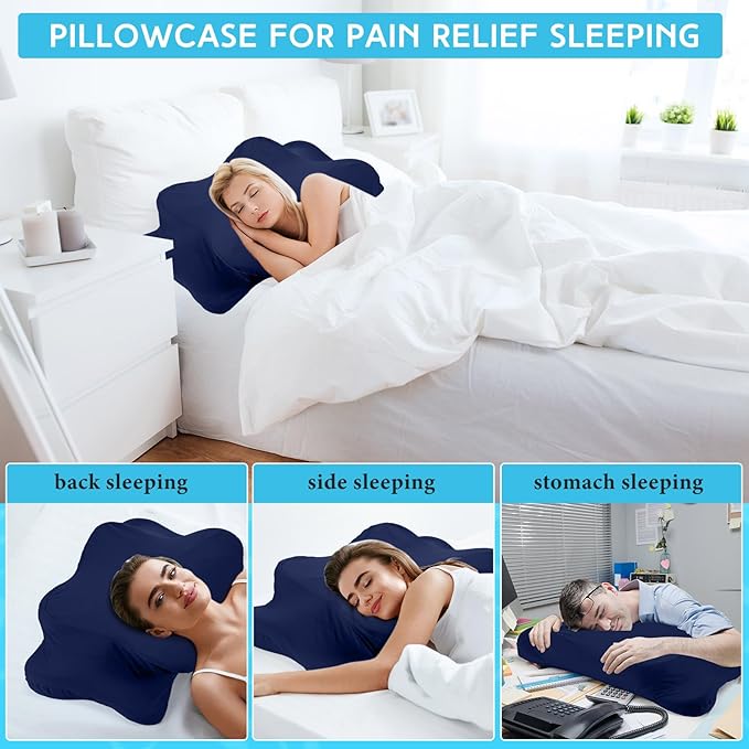 Hahafelt Cooling Cervical Neck Pillowcase Cover (Only Pillow Case) Ergonomic Pillowcase with Zipper Breathable Contour Pillow Cover for Side Back Stomach Sleepers(Navy Blue,Queen Size)