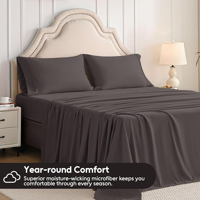 Full Size Bed Sheets Set, 4 Pieces Hotel Luxury Soft Microfiber Bed Sheets Set, Up to 16" Deep Pockets, Oeko-Tex Sheets with Elastic, Breathable, Wrinkle Free(Dark Gull Gray,Full)