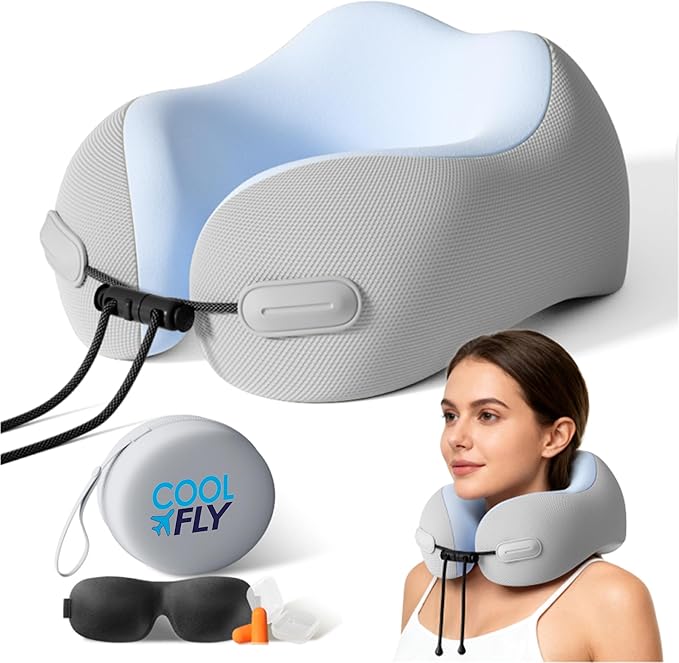 Cool Fly - Cool Colors Travel Neck Pillow Set. Cool Bright Fashion Pastel Colors. Luxury Memory Foam Airplane Adjustable Pillow. Cooling Silky Breathable Cover with Bonus Sleep mask, Blue-Beige