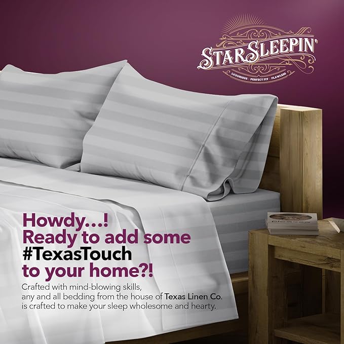 TEXAS LINEN CO. 100% Egyptian Cotton Sheets King Size Set - 1200 Series Star Sleepin' Damask Egyptian Cotton Luxury Sheets King Size (4 PC, Silver Stripe), 17" Deep Pocket, Sateen Hotel Bedding Set
