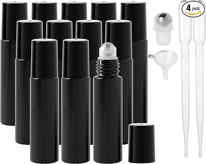 Essential Oil Roller Bottles, 10ml Thick Glass Perfume Roller Bottles with Funnel Opener and Dropper Colored Glass Empty Bottles with Stainless Steel Roller Balls (Black, 12 Pack)