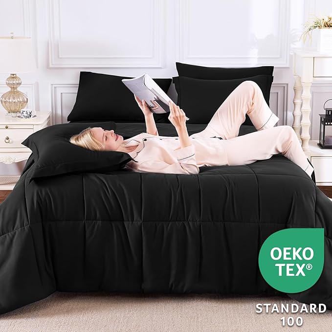 CozyLux Oversized Queen Comforter Sets Black, 7 Pieces Bed in a Bag, 98x98 Box Stitched Design Bedding Set, All Season Luxury Soft Bed Set with Down Alternative Comforter, Sheets, Pillowcases & Shams