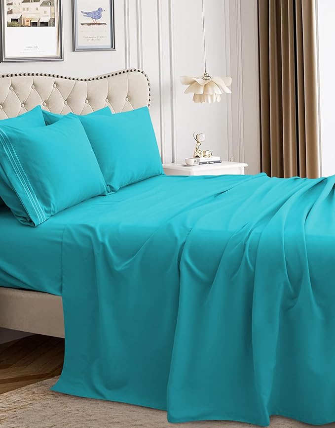 Mocassi Luxury Split King 5-Piece Sheet Set - 1800 Premium Hotel Quality - Easy-Fit, Wrinkle, Fade Resistant Bed Sheets and Pillowcases - All Around Elastic Fitted Sheet, Deep Pocket, Turquoise