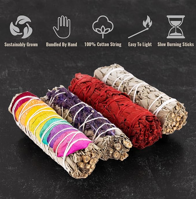4 pc Smudge Sticks With White Sage, Dragons Blood, Chakra, Lavender, Turkey Feather, & Smudging Guide Home Cleansing, Energy Healing, Meditation, Reiki, & Clearing Negative Energy