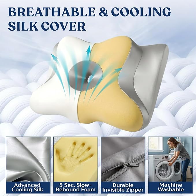 Ergonomic Cervical Neck Pillow for Neck Pain Relief, Side Sleeper Pillow, Orthopedic Pillow, Sleep Apnea Pillow, Cooling Cervical Neck Pillow, Butterfly Contour Pillow with Silk Cover & Travel Bag