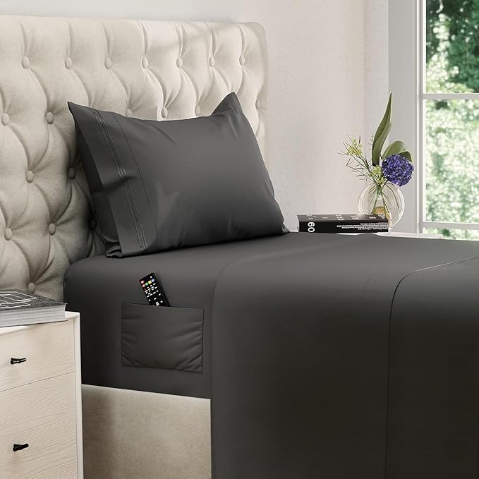 DREAMCARE Twin XL Sheet Sets - 3 pcs Breathable Cooling Bed Sheets - up to 21" Extra Deep Pocket Twin XL Sheets Set with Side Pockets - Extra Soft 100% Brushed Hypoallergenic Hotel Luxury - Gray