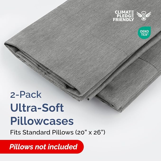 Standard Pillow Cases Set of 2 - Ultra-Soft Hotel Quality Pillowcase Covers - Comfy & Wrinkle Free - Stain and Fade Resistant - Machine Washable Pillow Protectors - 2 Piece Set - Heathered Grey