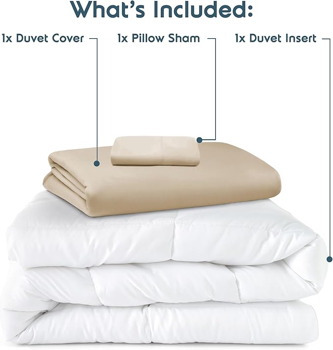 Nestl Twin Duvet Cover Set with Comforter Insert - Beige Cream 3 Piece 68x90 Duvet Cover & 1 Pillow Sham with White Quilted Down Alternative Comforter, Ultra Soft, All Season