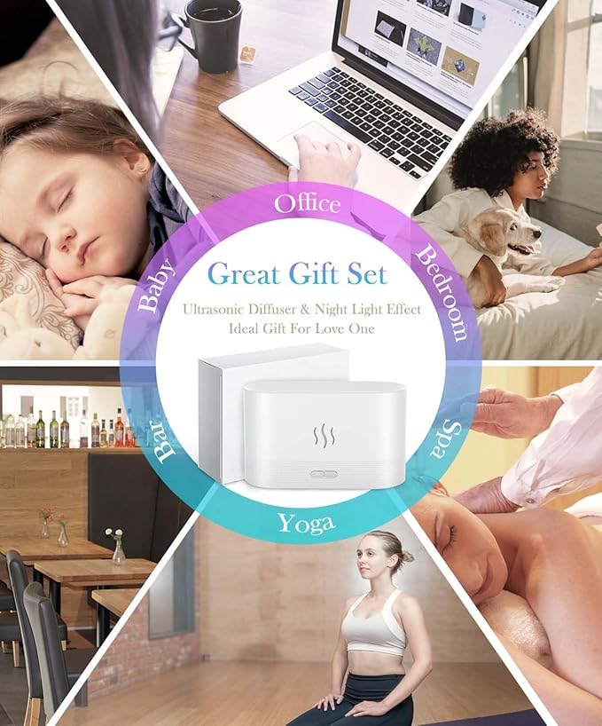 Aegci Essential Oil Diffuser,Humidifier with 7 Colors Flame Light,180ml Air Humidifiers for Bedroom, Home, Office, Gifts - Portable,Auto-Off Protection,4 Modes Mist(White)