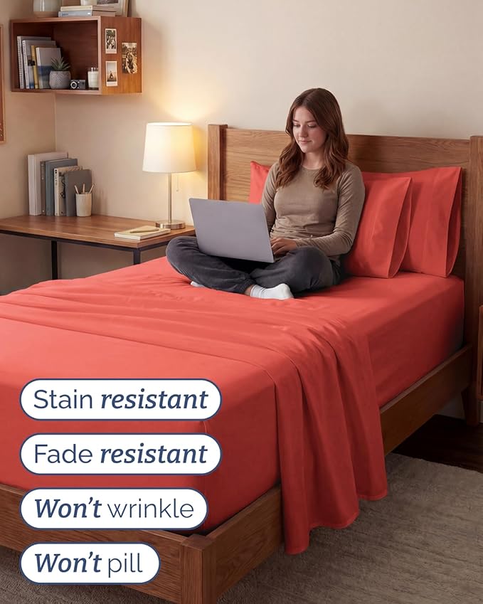 Extra Deep Twin XL Sheet Set - 4 Piece Breathable and Cooling Sheets - Hotel Luxury Bedding for Women, Men, Kids & Teens - Easy & Secure Fit - Soft, Wrinkle Free and Comfy - Extra Deep Pockets - Coral
