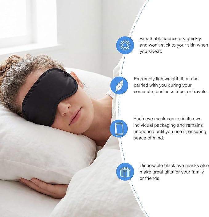 Bulk Sleep Masks, Black Eye Masks in Bulk, Featuring Elastic Straps and A Nose Bridge Design, Individually Packaged, Ideal for Travel Sleep and Quick Naps (200-PACK)