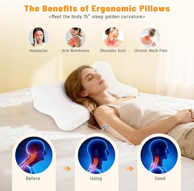 Cervical Neck Pillow, Memory Foam Pillow for Neck Pain Relief, Ergonomic Bed Pillow with Neck Support for Side, Back & Stomach Sleepers, King Size, White