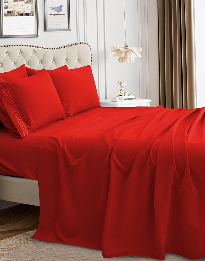 Mocassi Luxury California King 4-Piece Sheet Set - 1800 Premium Hotel Quality - Easy-Fit, Wrinkle, Fade Resistant Bed Sheets and Pillowcases - All Around Elastic Fitted Sheet, Deep Pocket, Red