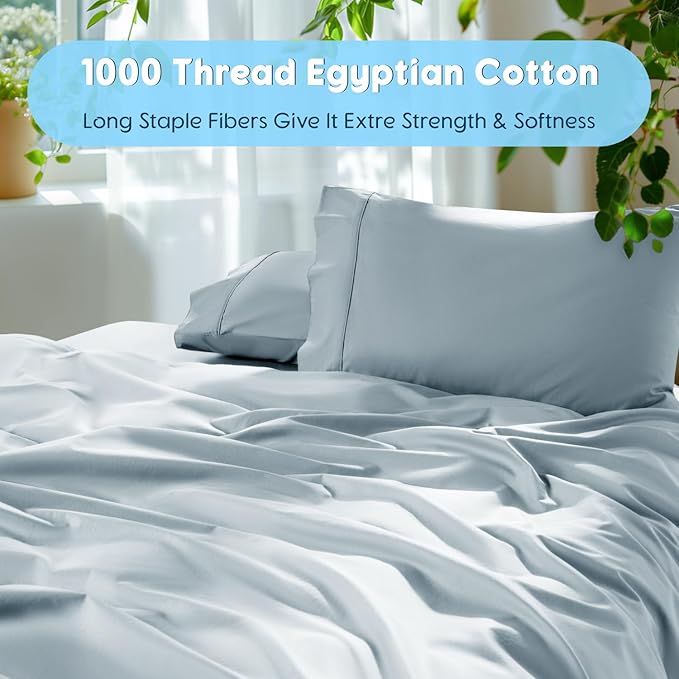 SONORO KATE 100% Egyptian Cotton Sheets Set - 1000 High Thread Count, Luxury 5-Star Hotel Sateen Bed Sheets, Soft, Breathable Long Staple Sheets, Fit up to 16" - 4 PC (Light Blue,Queen)