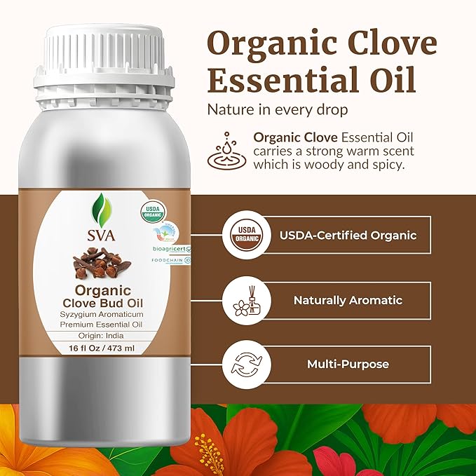 SVA Clove Essential Oil Organic– 16 Fl Oz – 100% Natural Clove Oil - for Diffuser, Hair Care, Face, Skin Care, Aromatherapy, Scalp and Body Massage, Soap and Candle Making