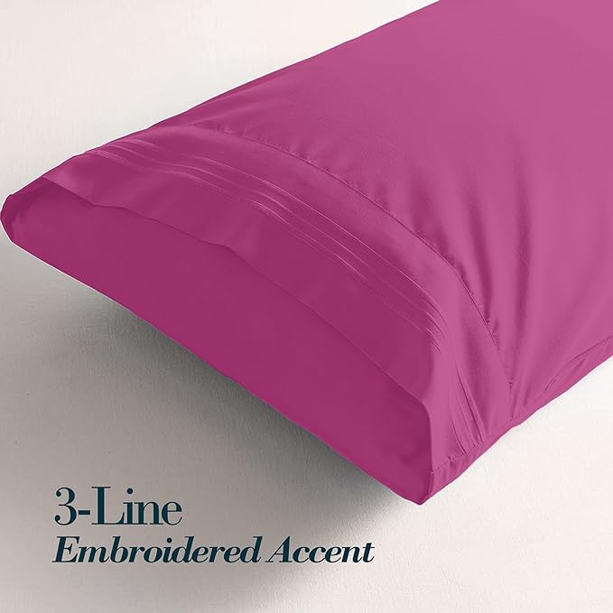 Mocassi 2-Piece Premium King Pillowcase Set 1800 Series Hotel Quality Microfiber - Soft and Breathable with 3-Line Embroidery Wrinkle and Stain Resistant, Easy Care, 20" x 40", Hot Pink