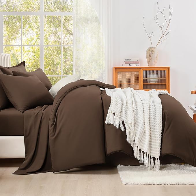 Litanika Queen Comforter Set Brown - 7 Pieces Bed in a Bag Queen Bedding Comforter Sets, Solid Lightweight Bed Set with Comforter, Sheets, Pillowcases & Shams