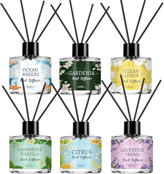 6 Pack Reed Diffuser Sets, Essential Oil Reed Diffusers for Home with 24 Sticks, Long Lasting Scent, Gift Ready Fragrance Diffuser for Bedroom, Bathroom, Office, Home Decor (1.69oz Each)