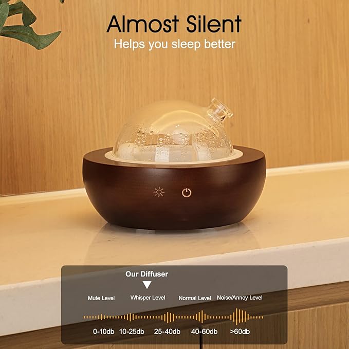 Glass Essential Oil Diffuser,Real Wood Base,The 2024 Upgrade Aromatherapy Diffuser,Aroma Diffuse Humidifier,LED Light in 7 Colors，Suitable for Home Office Bedroom-Brown