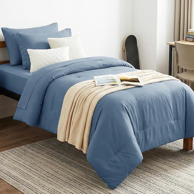 CozyLux Twin XL Comforter Set Grayish Blue, 5 Pieces Bed in a Bag Twin Extra Long Comforter Set with Sheets College Dorm, Dusty Blue Bed Sets with Down Alternative Comforter, Sheets, Pillowcase & Sham