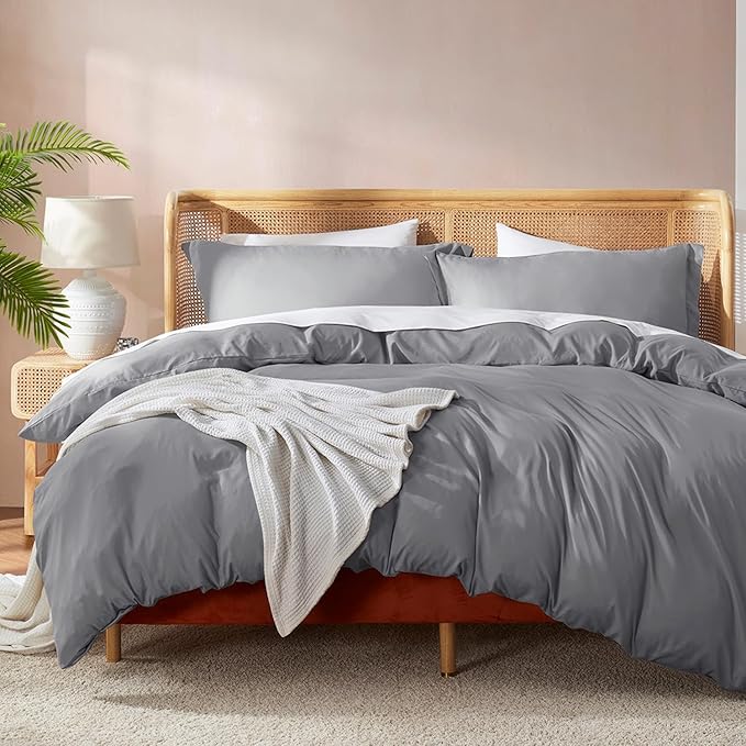 Nestl Twin Duvet Cover Set with Comforter Insert - Grey 3 Piece 68x90 Duvet Cover & 1 Pillow Sham with White Quilted Down Alternative Comforter, Ultra Soft, All Season