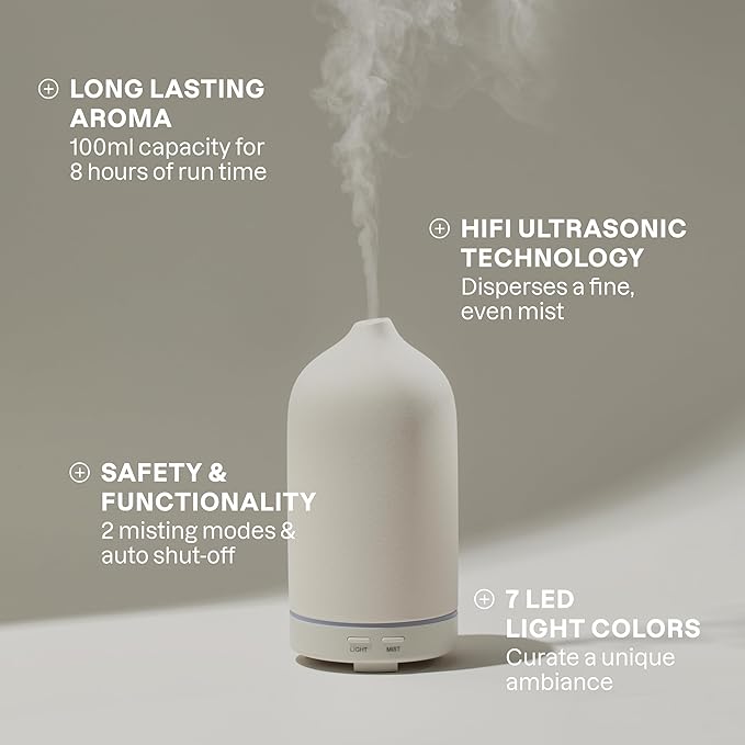 Cliganic Ceramic Diffuser (Sage), 100ml Ultrasonic for Essential Oils Aromatherapy, Home & Office
