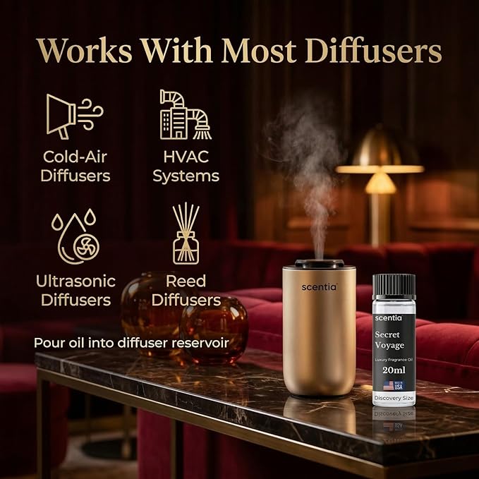 Scentia Secret Voyage Amber Fragrance Oil for Diffusers – Luxury Jasmine & Saffron Home Scent with Cedar & Ambergris – Diffuser Oil for Ultrasonic, Cold Air & Waterless Diffusers – 20 ml (0.67 fl oz)