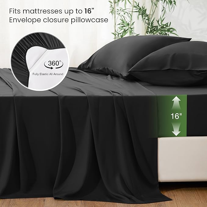 Love's cabin 3 Piece Twin Sheet Set, 100% Rayon Derived from Bamboo, Cooling & Breathable, Soft Silky Deep Pocket up to 16", Hotel Luxury Bedding for Hot Sleepers, Black