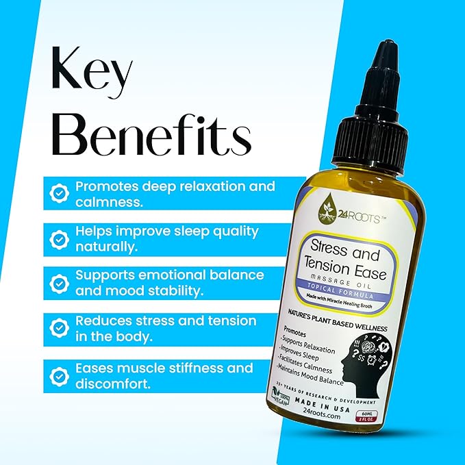 Plant Based Stress and Tension Ease Massage Oil - Supports Relaxation, Helps with Sleep, Aids in Calmness, and Helps Mood Balance - 24+ AYURVEDIC Herbs - 100% Vegan (2 Fl Oz/60 ML)
