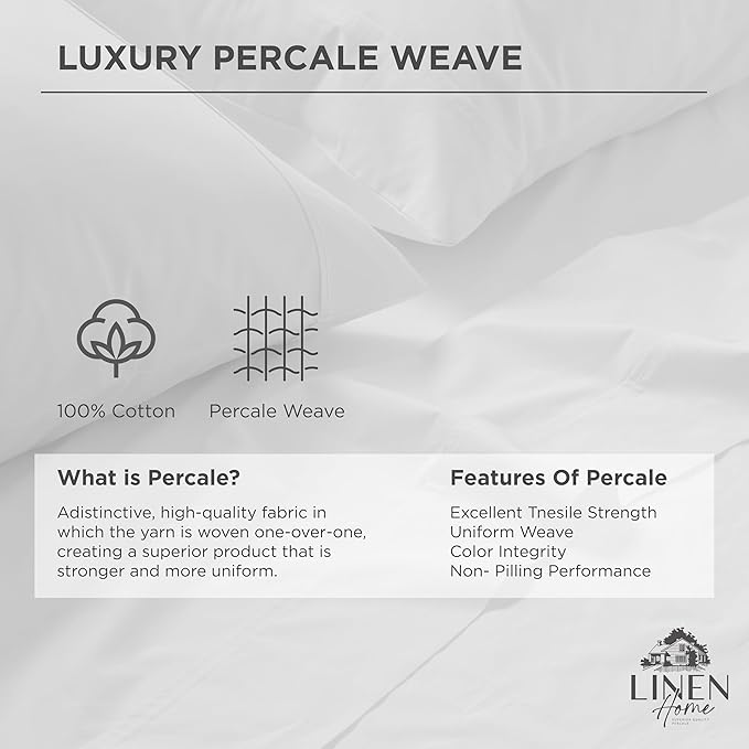 Linen Home 100% Cotton Percale Pillowcases King Size, Snow White, 2 Pieces of Pillow Case, Crisp and Cool Strong Bed Linen, 20 inches X 40 inches