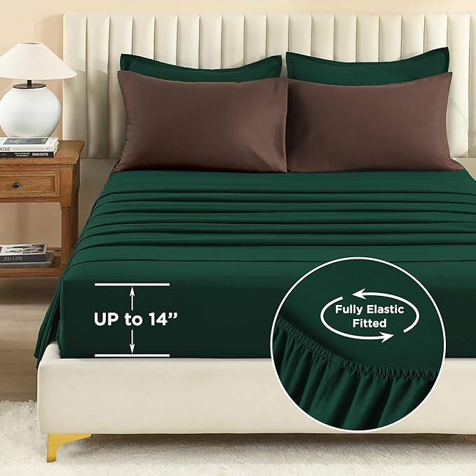 Litanika California King Comforter Sets Brown Emerald Green- 7 Pieces Bed in a Bag Beddding Sets, Solid Lightweight Bed Set with Comforter, Sheets, Pillowcases & Shams