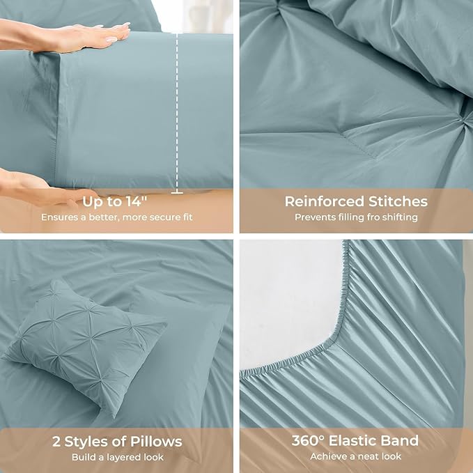 Sasttie Queen Comforter Set, 7-Piece Bed in a Bag, Pintuck Bedding Sets for All Season, Includes Comforter, Flat Sheet, Fitted Sheet, Pillowcases and Pillowshams, Greylish Blue