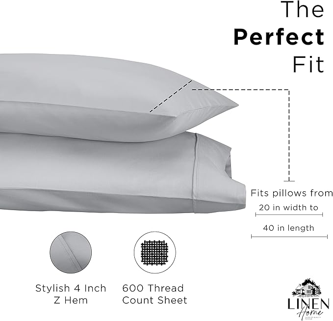 Linen Home 600 Thread Count King Pillowcase Set | 100% Long-Staple Cotton Pillow Cases | Soft & Smooth Luxury Satin Set of 2 Pillowcases | 4 Inch Z Hem | Silver
