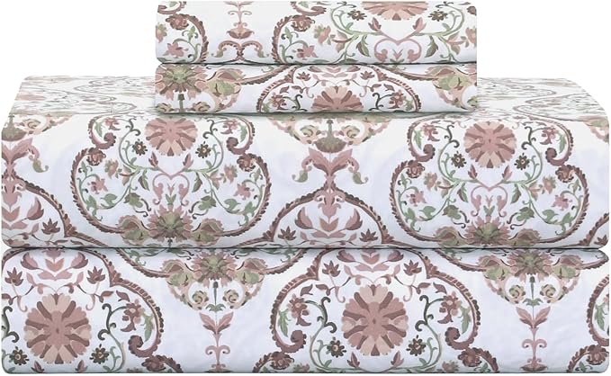 Feather & Stitch Printed 500 TC California King Size 4pc Damask Bed Sheet Set, 100% Soft Cotton Breathable Bedsheets, 18" Deep Pockets Sateen Weave Striped Bedding Mattress - Floral Bloom