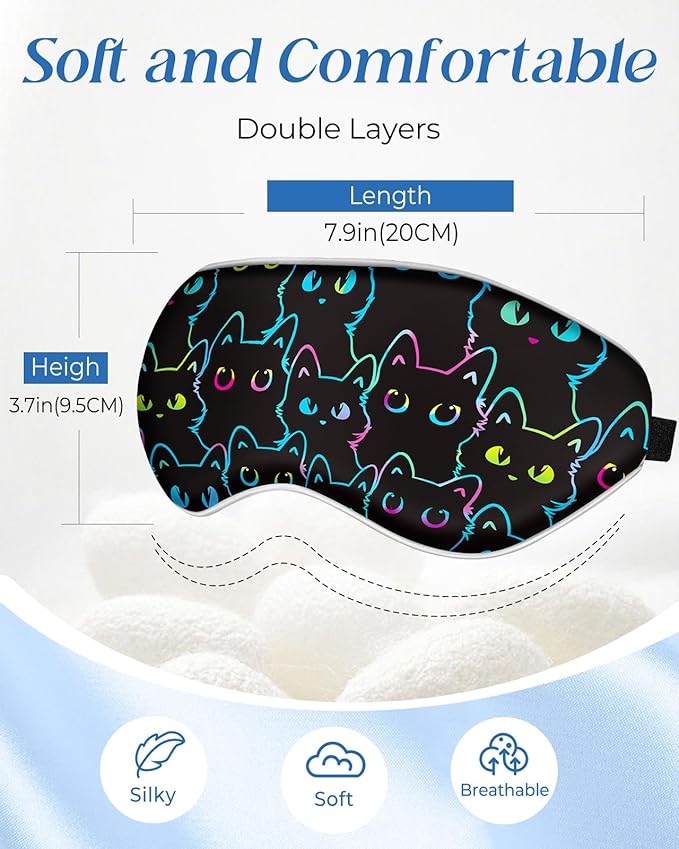 Miss Adola Sleep Mask for Kids - Cute Kawaii Cartoon Silk Sleeping Mask with Adjustable Strap Soft Smooth Light Eye Mask for Sleeping Silk Kids Eye Cover for Boys Girls Teens, Luminous Black Cats