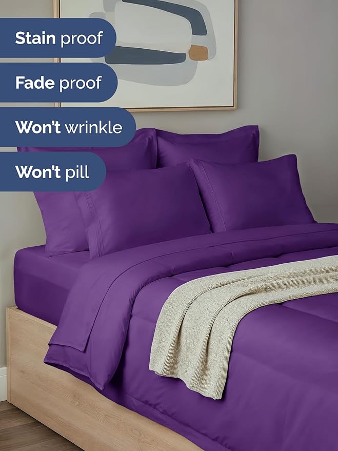 Full Comforter Set - 7 Piece Bed in a Bag Full Size Bed Set - Down Alternative Comforter, Flat Sheet, Fitted Sheet, Pillowcase & Shams for All Seasons - Ultra Soft, Cozy, Comfy & Breathable - Purple