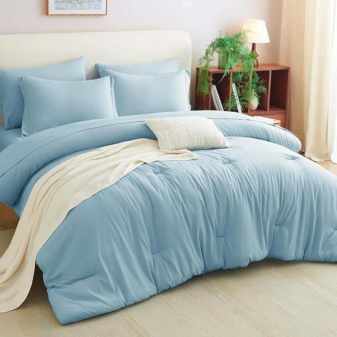 CozyLux Queen Comforter Set Light Blue, 7 Pieces Bed in a Bag Queen Comforter Set with Sheets, Luxury Soft Bedding Sets with Down Alternative Comforter, Fitted Sheet, Flat Sheet, Pillowcases & Shams