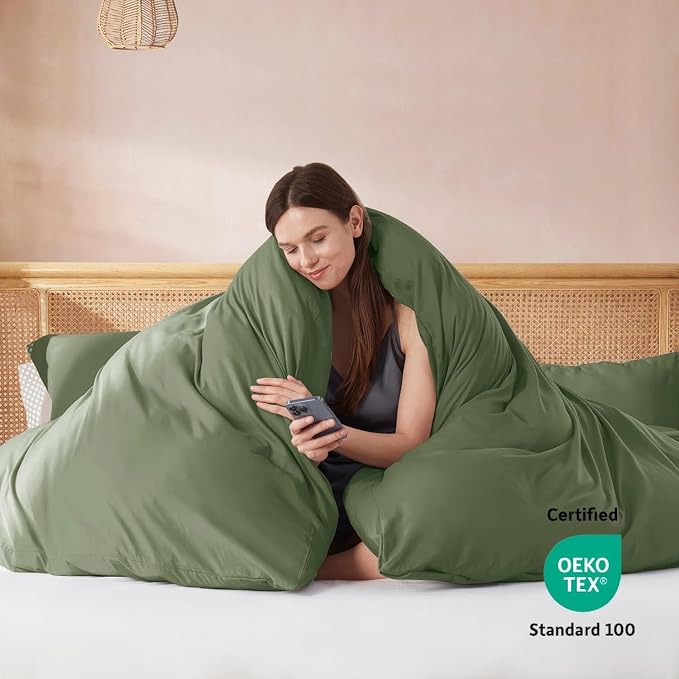 Nestl California King Duvet Cover Set with Comforter Insert - Olive Green 4 Piece 104x98 Duvet Cover & 2 Pillow Shams with White Quilted Down Alternative Comforter, Ultra Soft, All Season