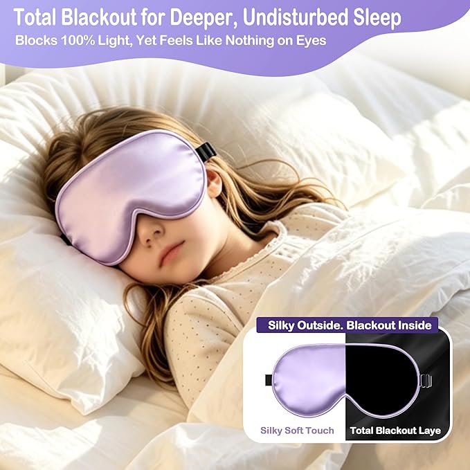 Kids Sleep Mask Eye Cover, Silk Sleeping Mask for Kids, Soft Blackout Blindfold Eye Mask with Adjustable Strap & Laundry Bag for Easy Washing, Gift for Girls Boys Ages 5-15 (Purple)