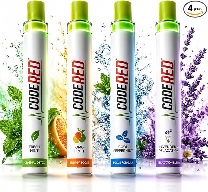 Code Red V-Aid Herbal Diffuser 4-Pack - Fresh Mint, Cool Peppermint, OMG Fruit & Lavender Sticks with Mullein, Thyme, Guarana & Ashwagandha - Plant-Based, Pocket-Sized Reset Ritual - 4 Count