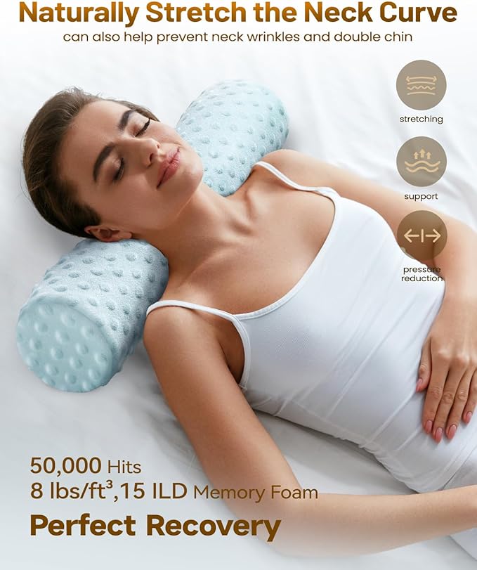 Memory Foam 4" Round Pillow, Cervical Neck Pillow for Pain Relief, Cylinder Pillows 18"x 4", Removable Cover, Neck Roll Pillow for Sleeping, Velvet Dots, Blue